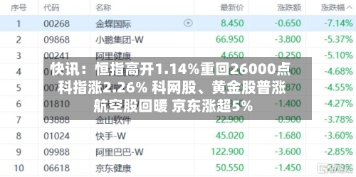 快讯：恒指高开1.14%重回26000点 科指涨2.26% 科网股、黄金股普涨 航空股回暖 京东涨超5%-第1张图片