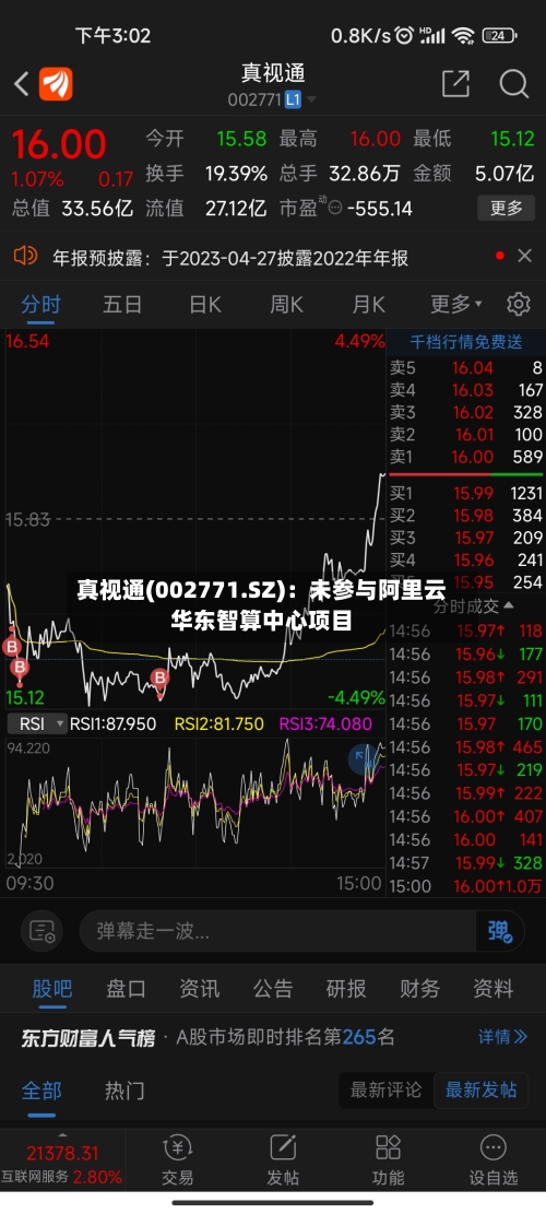 真视通(002771.SZ)：未参与阿里云华东智算中心项目