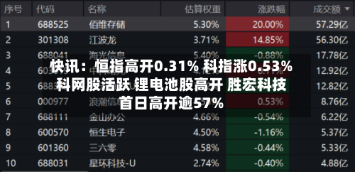 快讯：恒指高开0.31% 科指涨0.53% 科网股活跃 锂电池股高开 胜宏科技首日高开逾57%