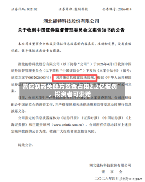 嘉应制药关联方资金占用2.2亿被罚	，投资者可索赔-第2张图片